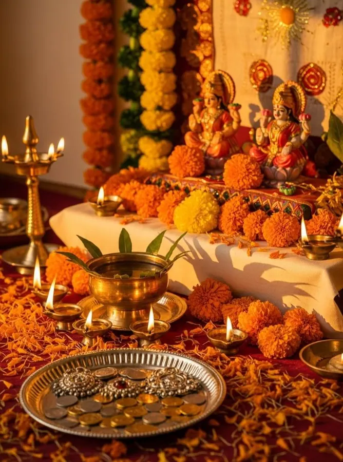 Dhanteras puja arrangement with lamps and offerings