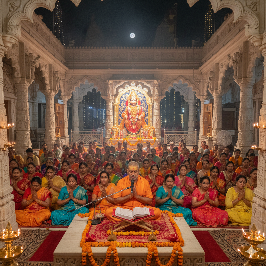 Sundarkand Path puja arrangement with Ram Darbar, diya, flowers, and scripture
